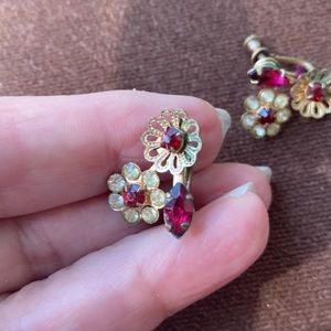 1930s OLD prong set ruby glass stones. Whimsical screw back earrings.